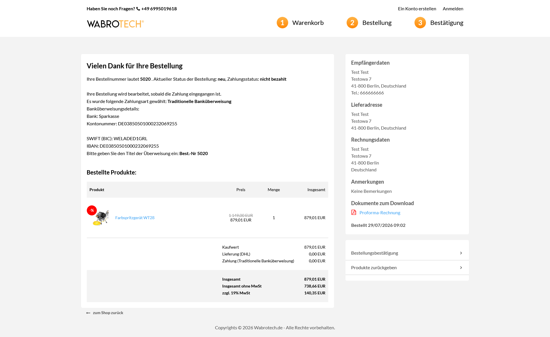 Bestellbestätigungsseite