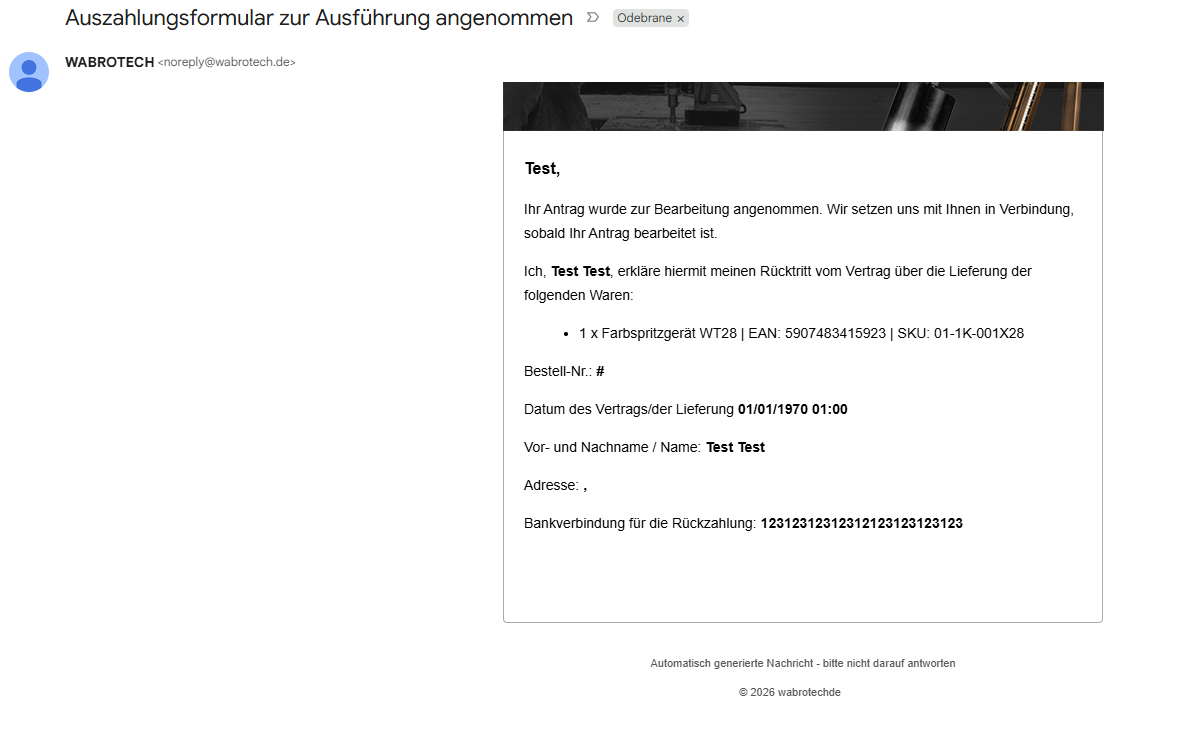E-Mail-Bestätigung der Rückgabe